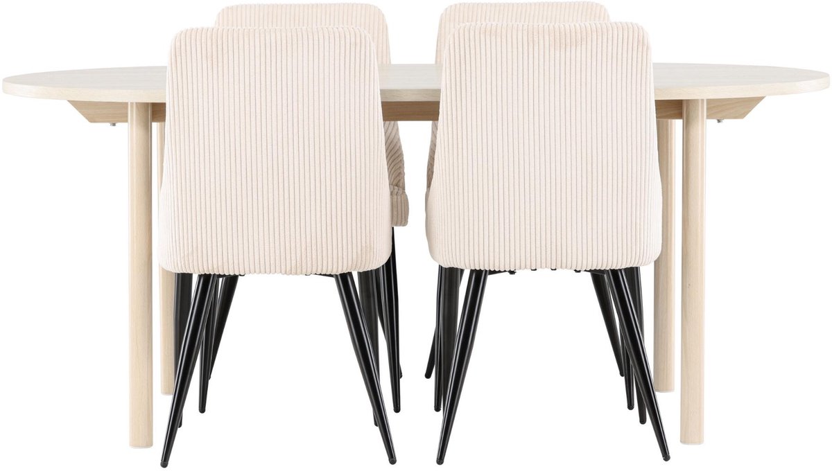 Andy eethoek eettafel whitewash 4 stoelen fluweel beige.