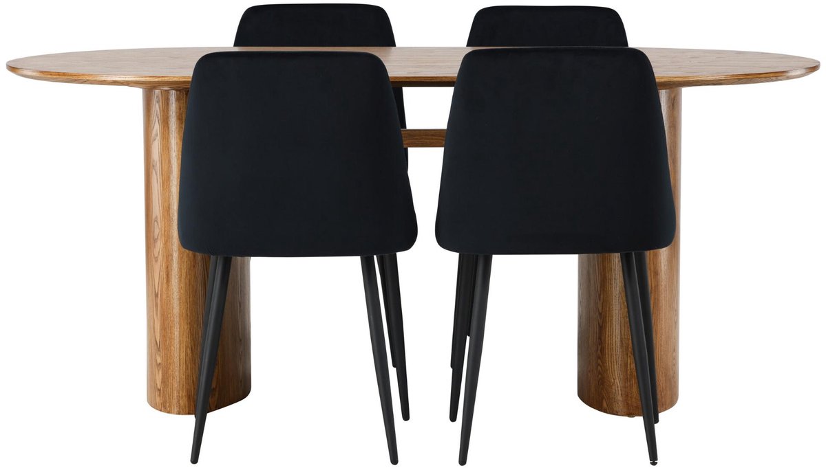 Isolde eethoek eettafel naturel 4 stoelen velours zwart.
