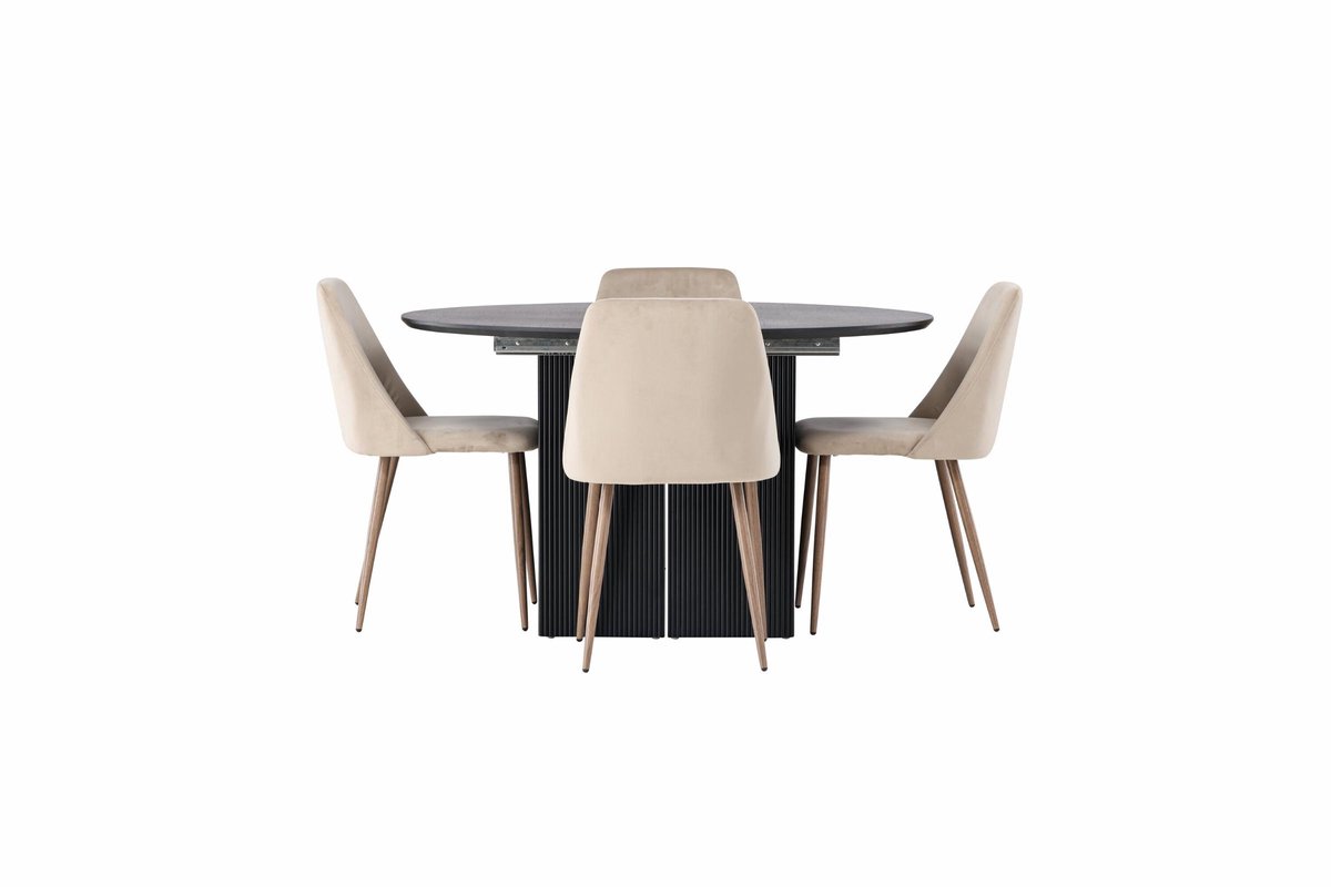Matilda eethoek eettafel met uitschuifbare functie zwart 4 stoelen bruin.