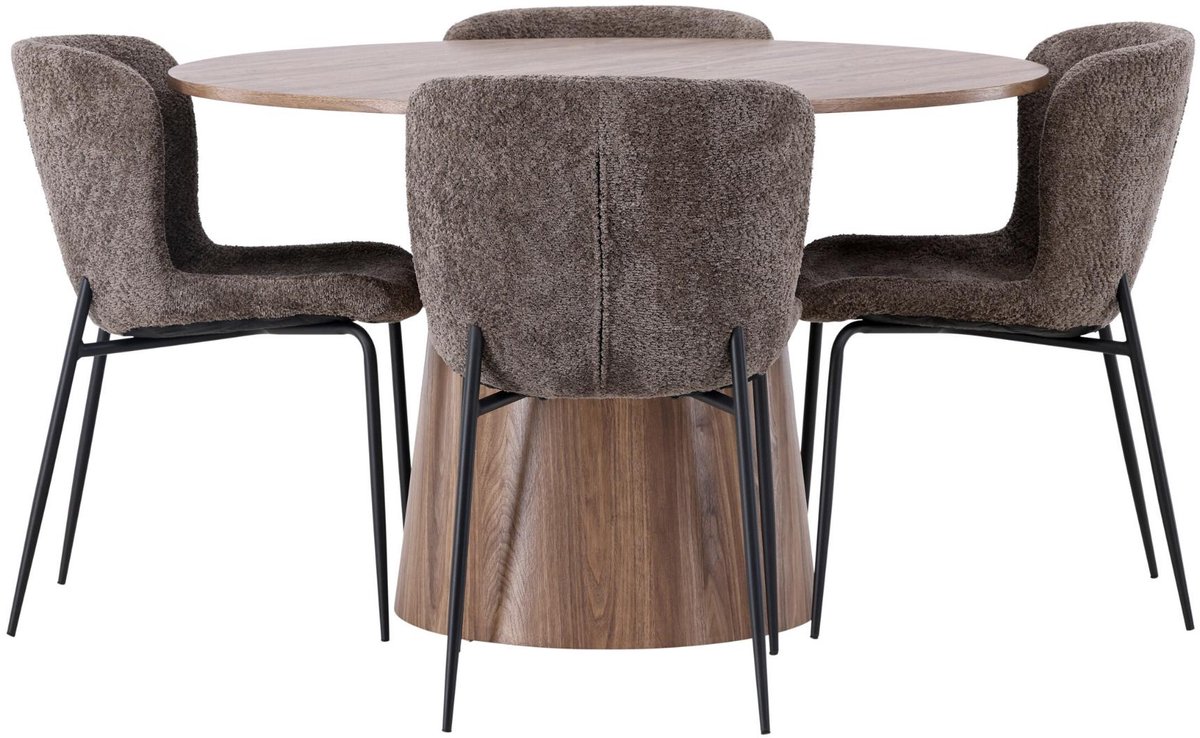Lanzo eethoek eettafel naturel 4 stoelen bouclé bruin.