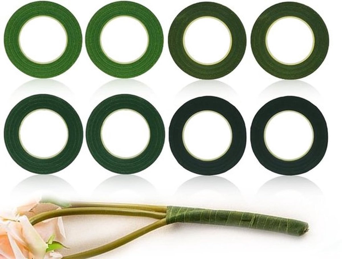 Set van 8 rollen groen zelfklevend floristenlint van crêpeband met 4 verschillende tinten groen, totaal 216 meter voor het maken van bloemenboeketten en decoratie