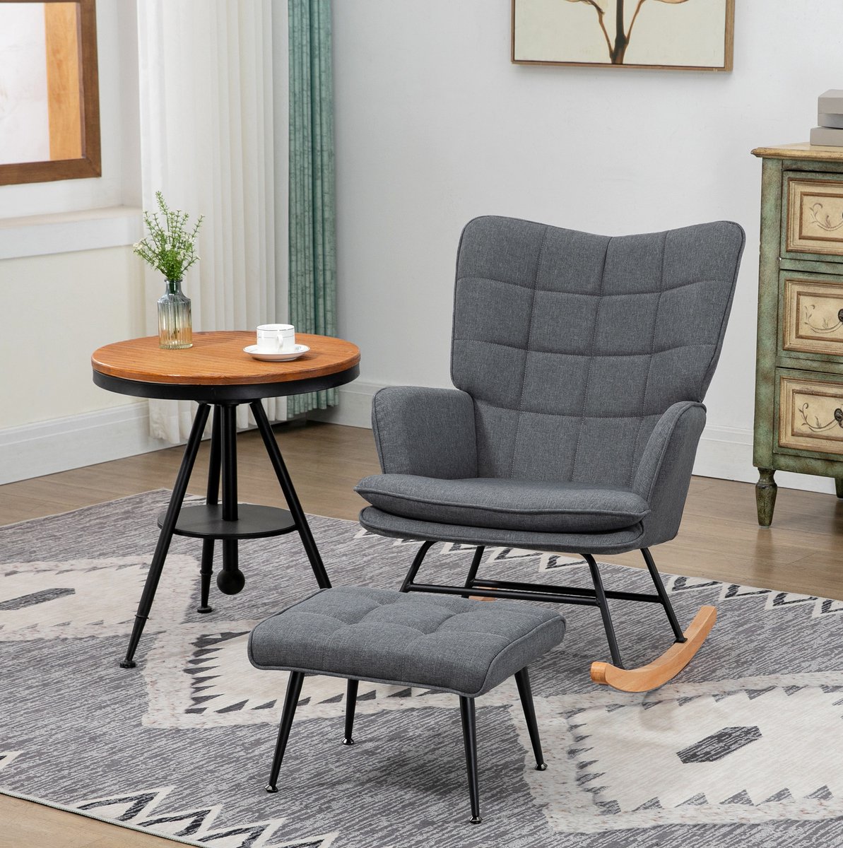 FloraGrace Schommelstoel – Hoge Rugleuning Met Hocker – Fauteuil Met Armleuningen – Polyester – Grijs – Voor Woonkamer En Slaapkamer