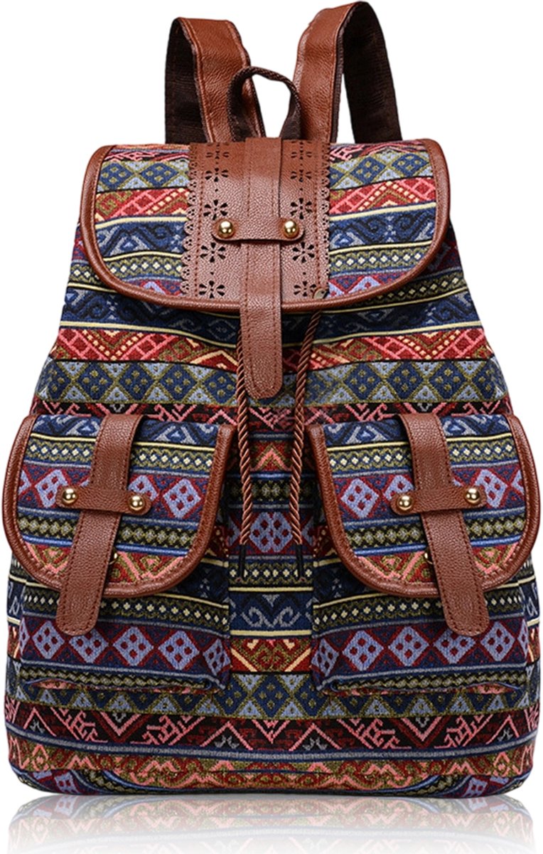 Dames Rugzak Canvas Boho Hippie – Vintage Backpack met Trekkoord – Casual Schooltas & Reistas – Dubbele Schouderbanden – 13–14 Inch Laptop - Landschappen