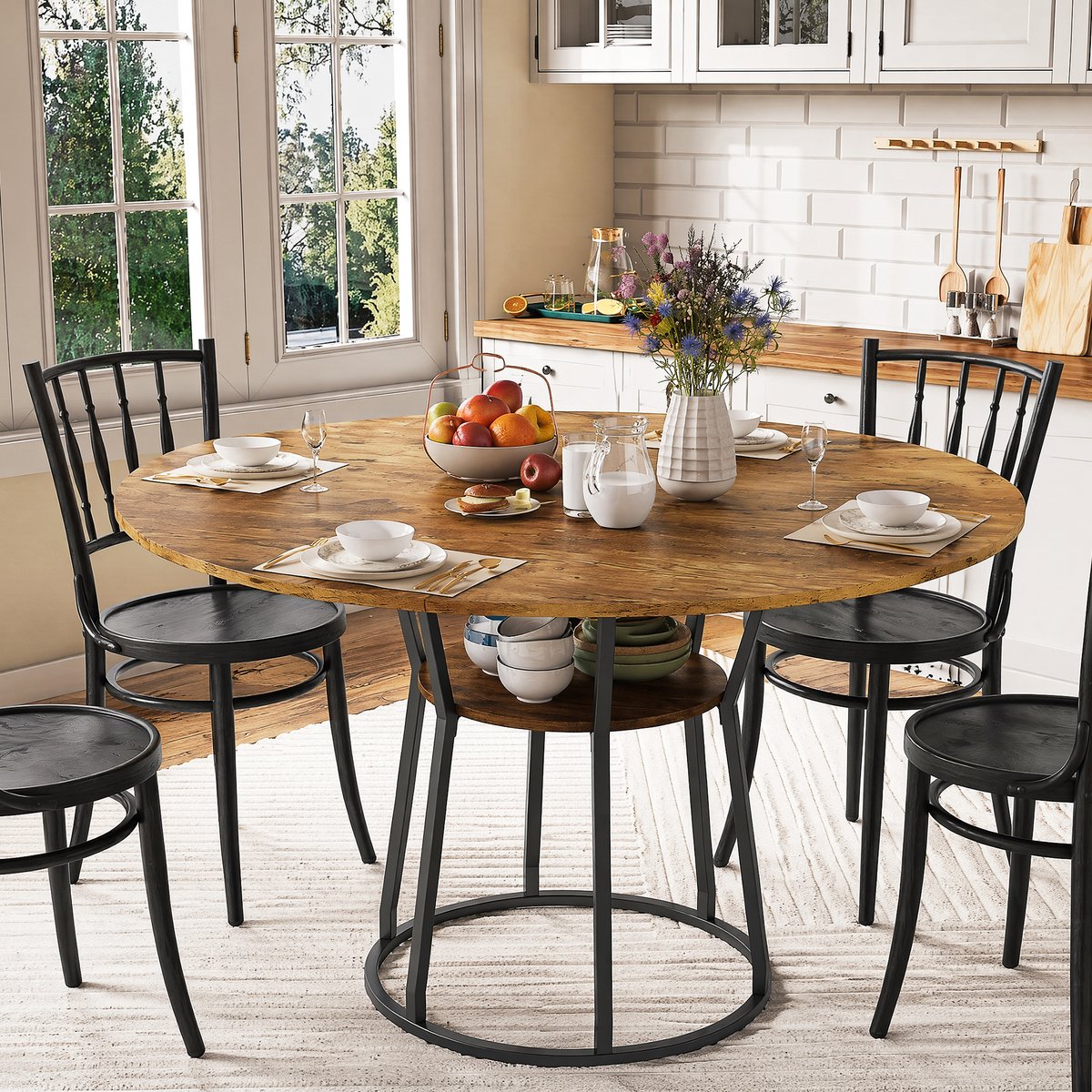 Ronde Eettafel 120 cm Industrieel met Opbergrek en Metalen Frame