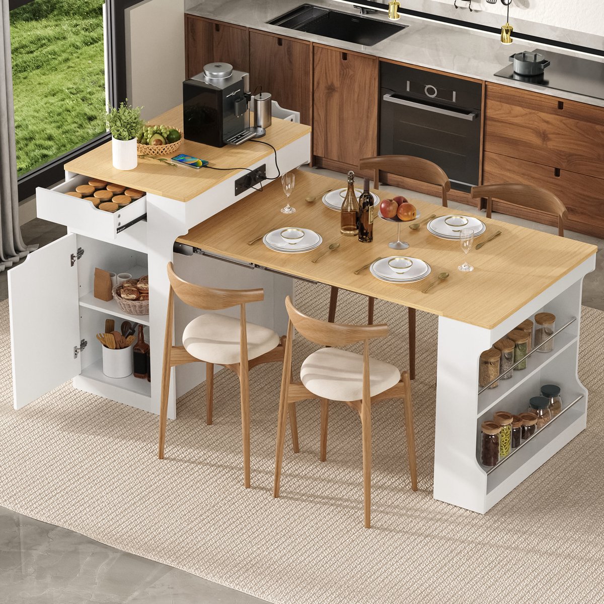 Wishdor - Keukenkast - Uitschuifbaar keuken eiland met stopcontacten en 2 lades - modern voor keuken en eetkamer - houtlook en wit - 55-153 x 80 x 93 cm