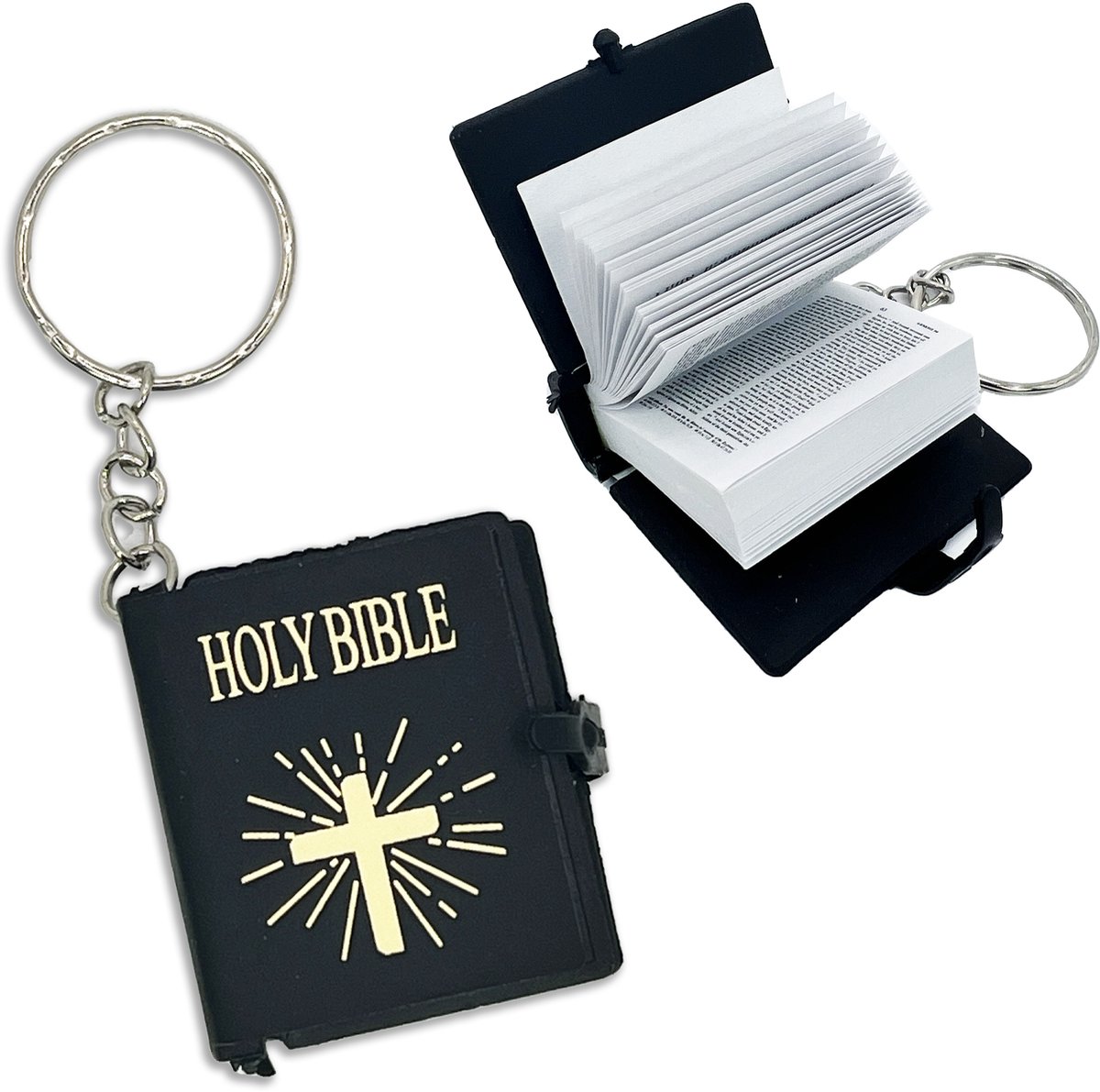 Mini bijbel - Holy bible - Sleutelhanger - Kleine bijbel - Geloof - Kruis - Kerk - Christendom - Christelijk - Cadeautje gelovige - Engelstalig - Zwart - 1 stuk - Jonyx