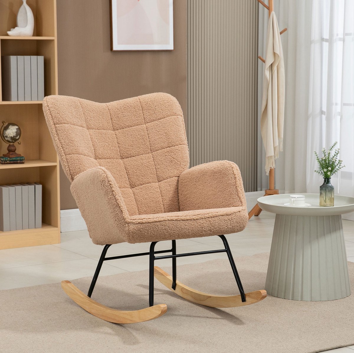 MIVRAY Schommelstoel 98 x 71 x 101 cm - Zachte Relaxfauteuil Met Hoge Rugleuning En Armleuningen - Voor Woonkamer En Slaapkamer - Polyester Bruin
