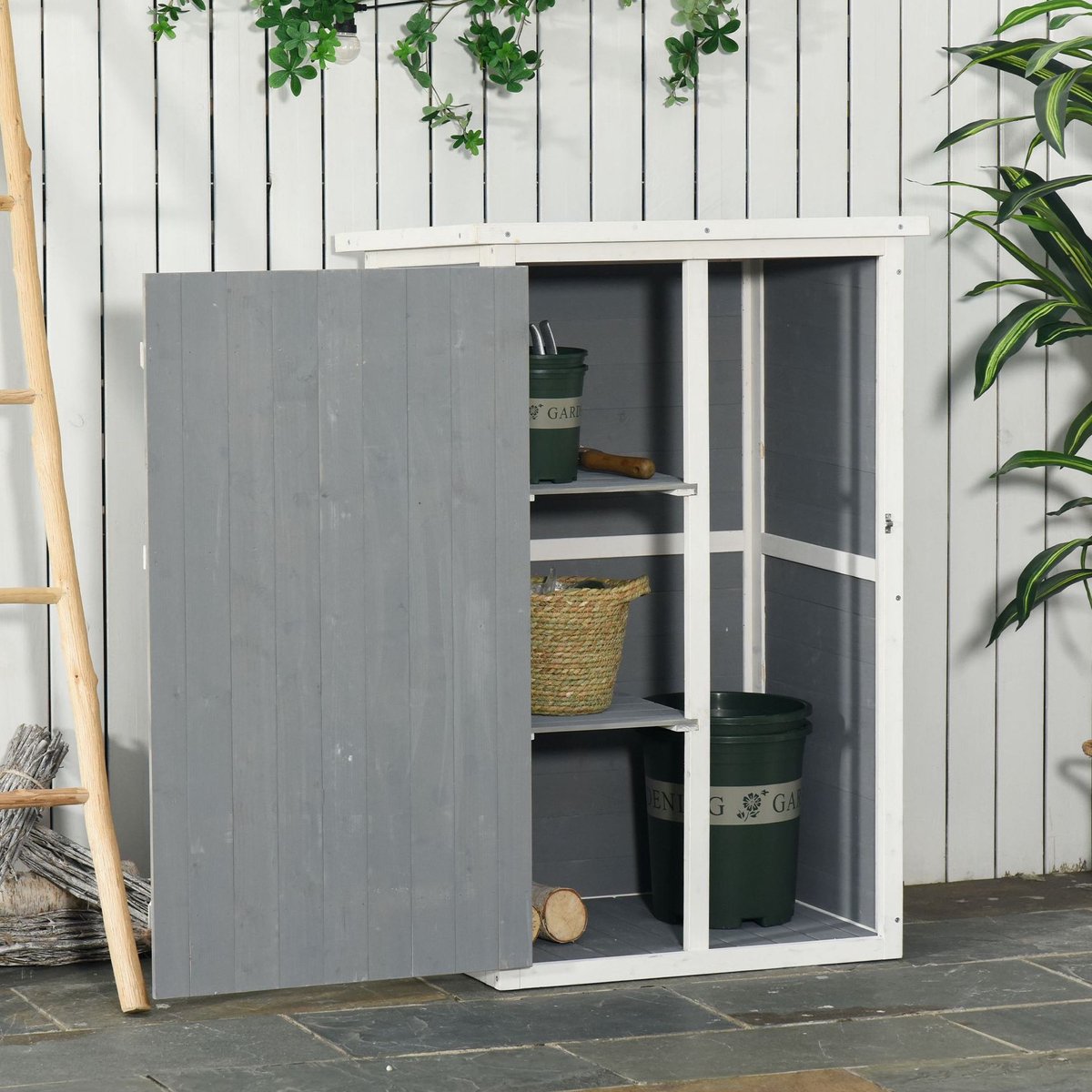 MIVRAY Gereedschapsschuur – Compacte Opbergruimte 75 x 56 x 115 cm – Hout – Zwart – Afsluitbare Tuinkast Met Binnenplanken