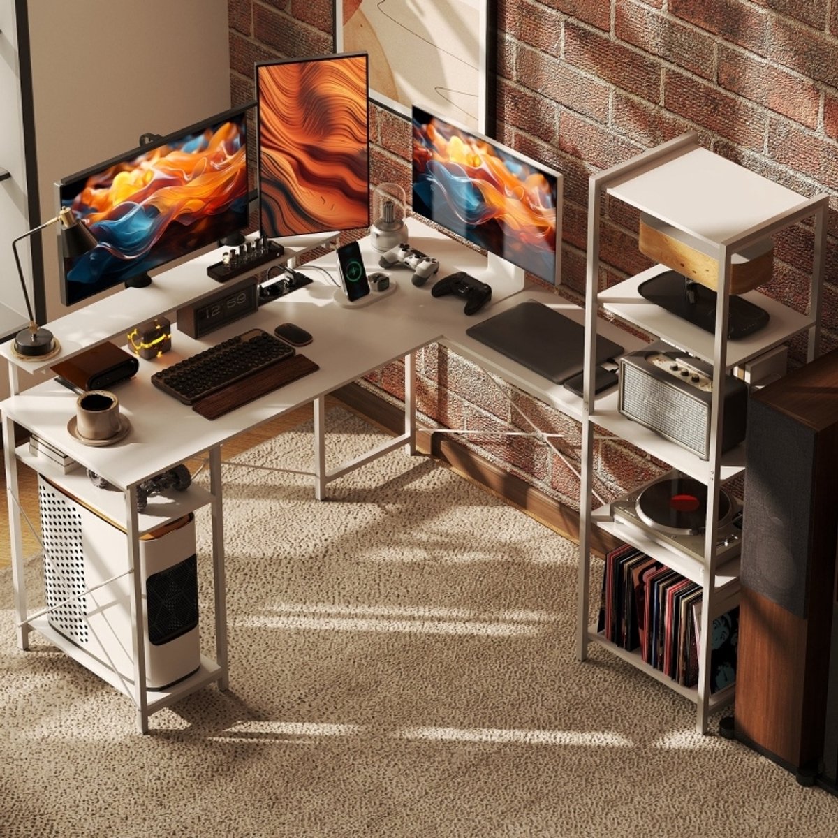 STILVORA Hoekbureau - L-Vormig Bureau Met Oplaadstation En Opbergrekken - Voor Thuiswerk En Slaapkamer - Wit - 140x137x139,5 Cm