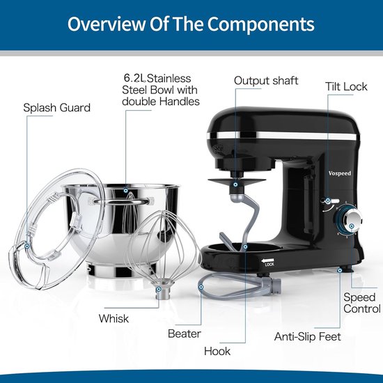 Keukenmachine 1500W met 6 snelheden - Standmixer met 6,2L RVS kom - Deegkneder met garde en deeghaak — afbeelding 5