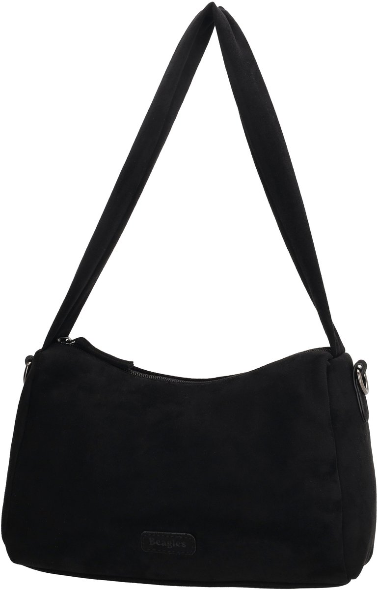Beagles Ako Schoudertas - Faux Suede - Dames Tas - Crossbody - Afneembare Schouderband - Ritssluiting - Zwart
