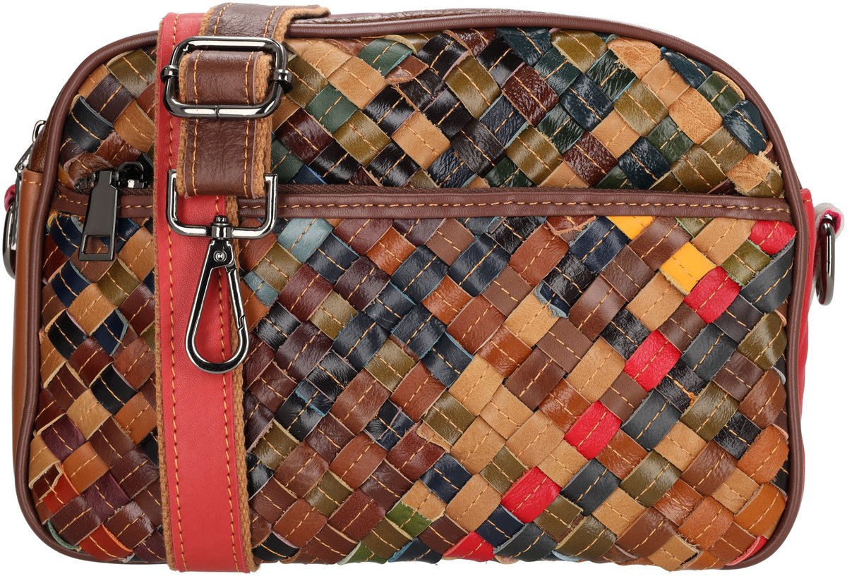 Beagles Treccia Crossbodytas - Leren Schoudertas - Geweven Design - Twee Hoofdvakken - Afneembare Schouderband - Multicolor - Leren Dames Tas - Multi