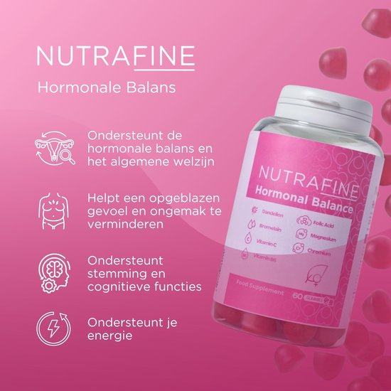 NUTRAFINE Hormonale Balans gummies met paardenbloem, vitamine C, B6, foliumzuur, magnesium, chroom en bromelaïne.