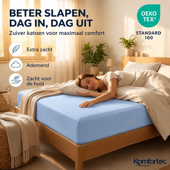 Vrouw slaapt op een lichtblauw hoeslaken van zuiver katoen in een slaapkamer. Ademend en extra zacht.