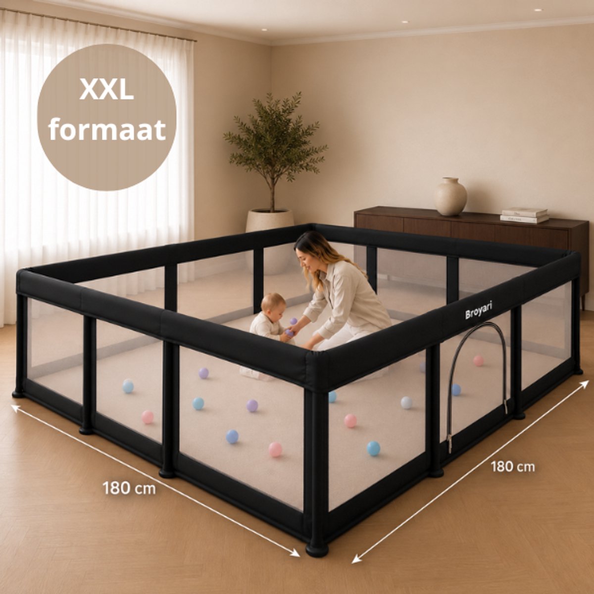 Broyari® Grondbox Baby 180x180 cm – Extra Grote Speelruimte – Binnen 2 Seconden Inklapbaar – Inclusief Speelmat & 50 Speelballen – Opvouwbare Speelbox – Grondbox XL - Zwart – foto 7