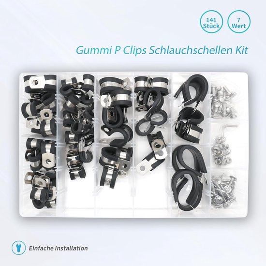 Rubber P-Clips en Slangklemmen Set van 141 Stukken, RVS Klemmen met Rubber Inleg, 7 Maten voor Slangen en Buizen — afbeelding 5