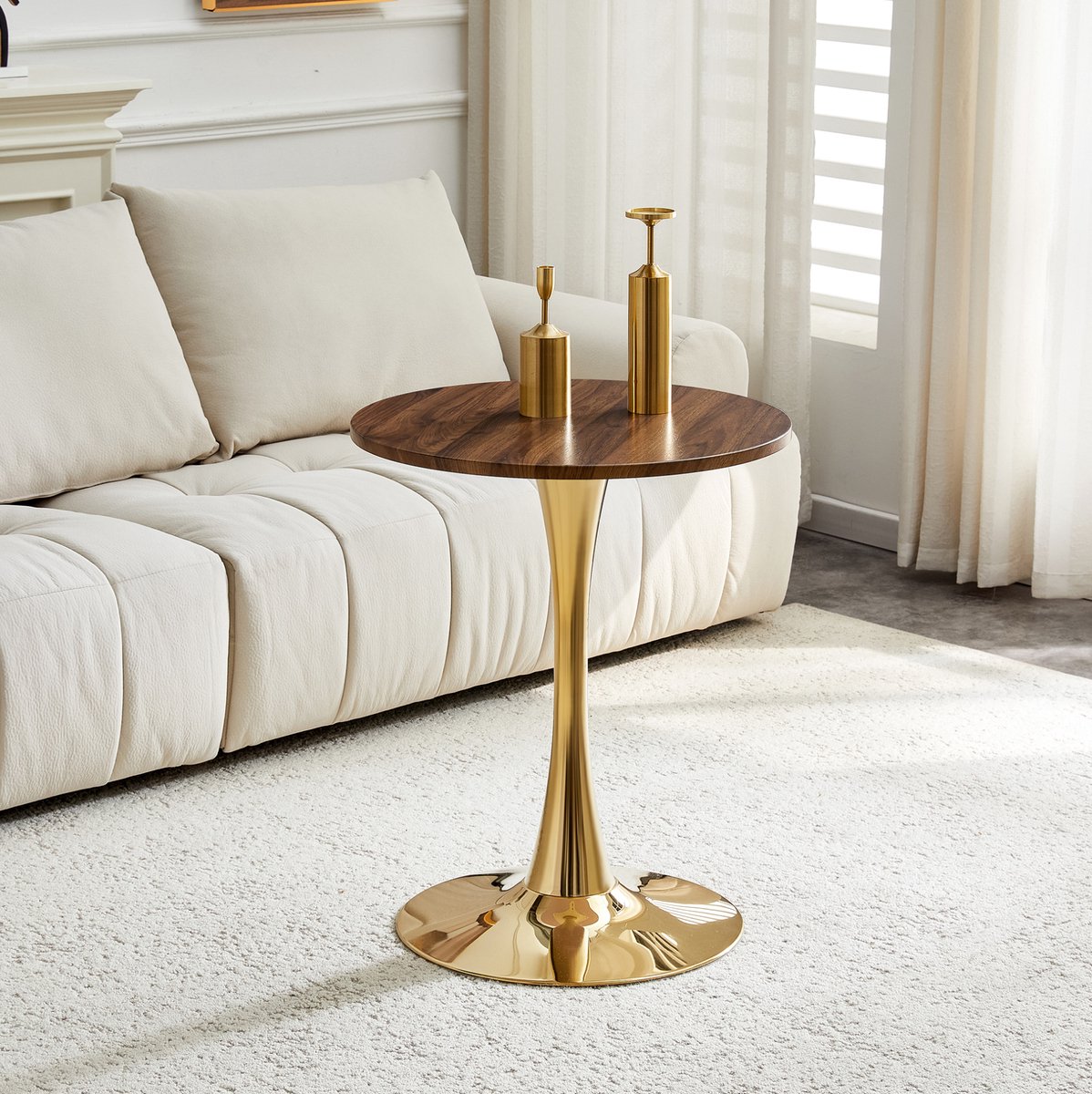 FloraGrace Bijzettafel - Ronde Tafel Met Walnootlook En Gouden Voet - Voor Woonkamer En Kleine Eethoek - MDF En Metaal - 60 x 72 Cm