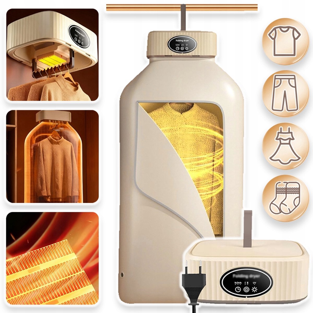 Compacte 360° Wasdroger Met Condensor En Hete Lucht - 600W 1/2/4 Uur Timer Stil (45 db) - UV-Sterilisatie Opvouwbaar Ideaal Voor Appartementen En Campers
