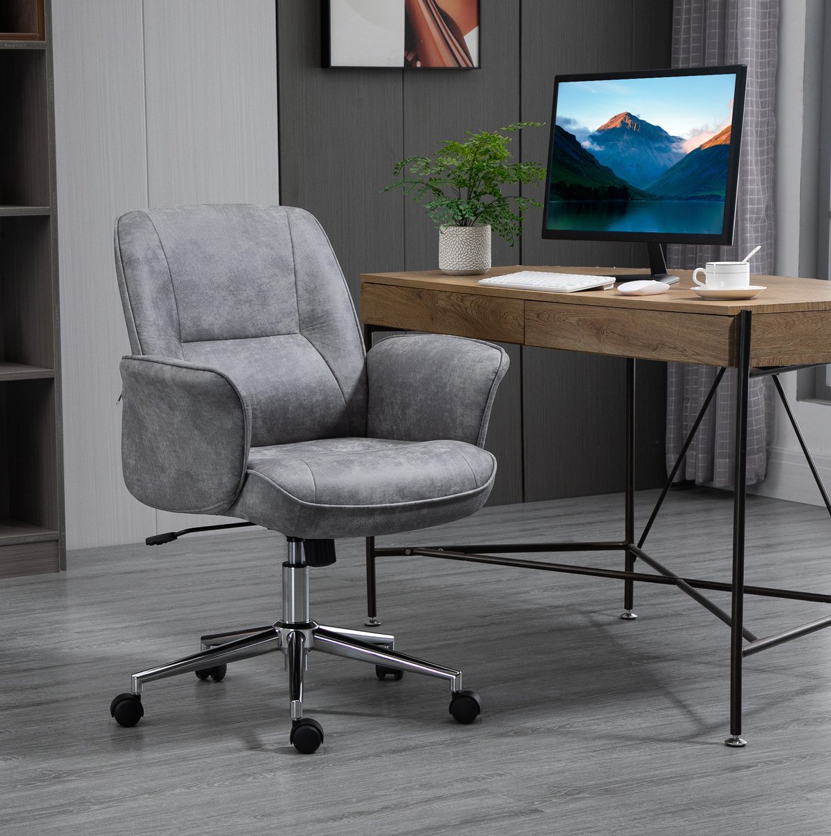 FloraGrace Bureaustoel 67 x 69 x 92-102 cm - Ergonomisch Hoogteverstelbaar Met Wippfunctie En Armleuningen - Voor Kantoor En Thuiswerk - Stof - Lichtgrijs