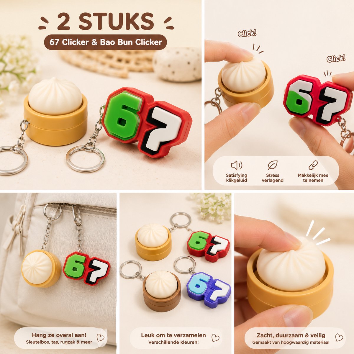 Happy Trendz®2 Stuks Fidget Clicker Sleutelhangers | 67 Clicker & Kawaii Bao Bun Clicker | Anti-Stress Keychains | Mystery Kleur | Hype | Must Have