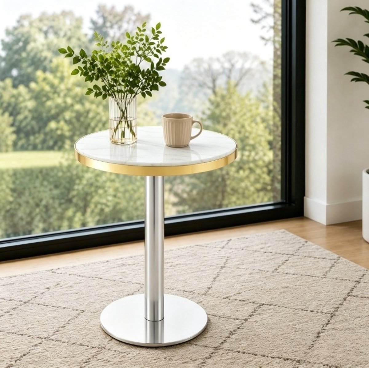OKWISH Bijzettafel - Ronde Marmerlook Tafel Met Gouden Rand - Voor Woonkamer Slaapkamer Of Balkon - MDF En Metaal Wit - 60 x 73,7 cm