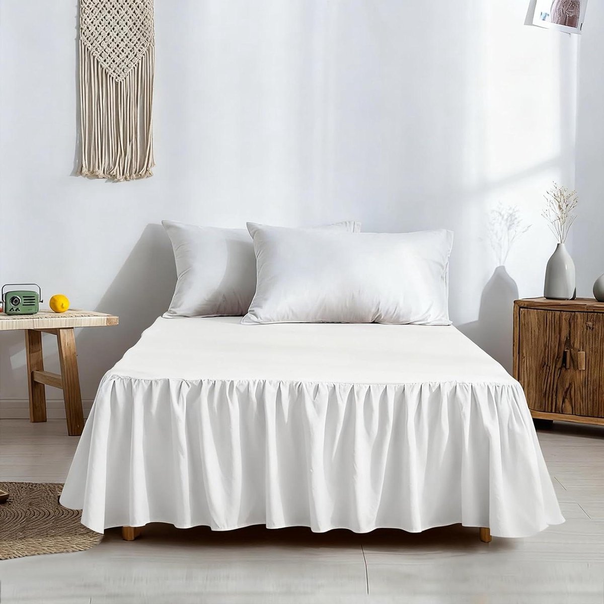 Bedhoes met ruches - Bedrok Katoen - Bed Opknappen - Gewassen Katoen - 140 x 200 cm - Wit