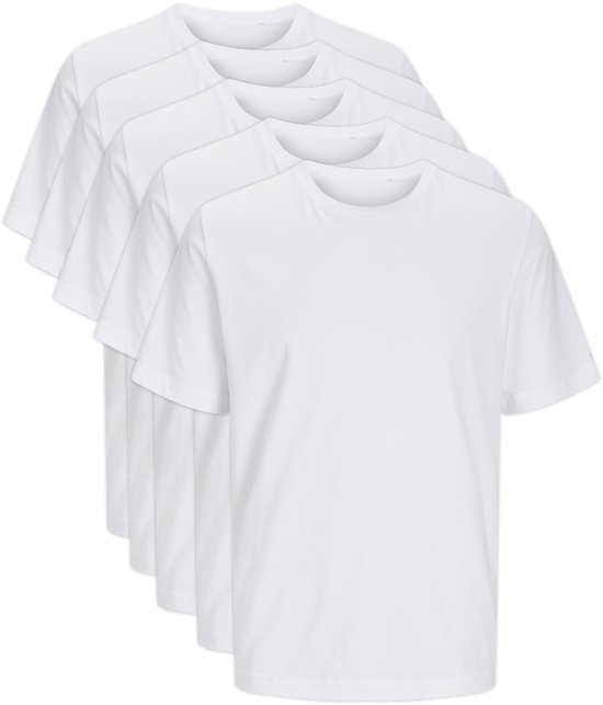 Vijf witte Jack & Jones heren t-shirts op een rij, met ronde hals.