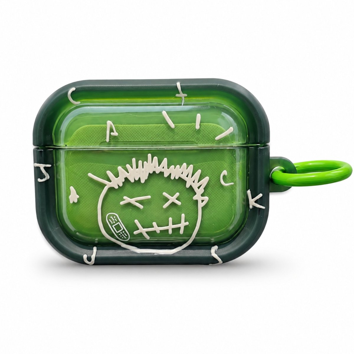 Enluxe Case geschikt voor Airpods 4 - Sketch Smiley Groen - Hardcase met Karabijnhaak, Schokbestendig Hoesje