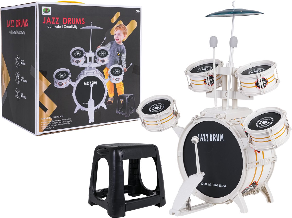 Playos® - Drumstel - Wit - 9 delig - 76 cm - Inclusief Kruk - Peuters en Kleuters - Kinderen - Muzikaal Speelgoed - Drumset - Jongens en Meisjes