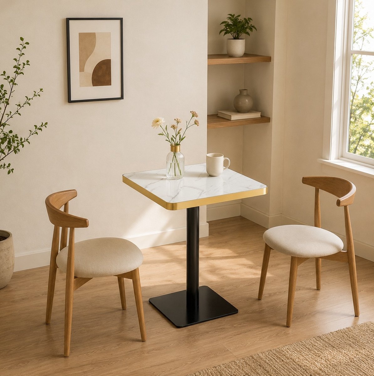 Wishdor - Eettafel - Vierkante marmerlook tafel voor 2-4 personen - modern metalen onderstel - kleine eetkamer of keuken - houtlook wit - 60 x 60 x 74 cm