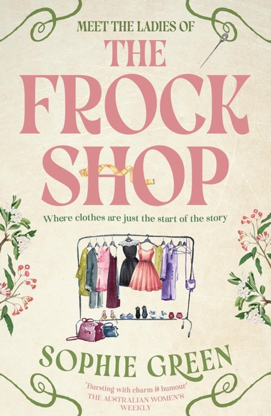Boekcover 'The Frock Shop' met de tekst "Meet the ladies of the frock shop" en een afbeelding van een kledingrek met jurken en tassen.