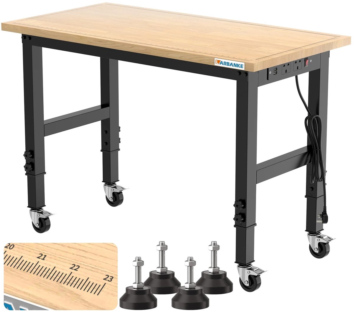 ITRONIQ Werkbank Verstelbaar Met Wielen - Werktafel 122 x 61 CM - Werkbank Met Stopcontacten - 2000 KG - Rubberen Houten Werkblad