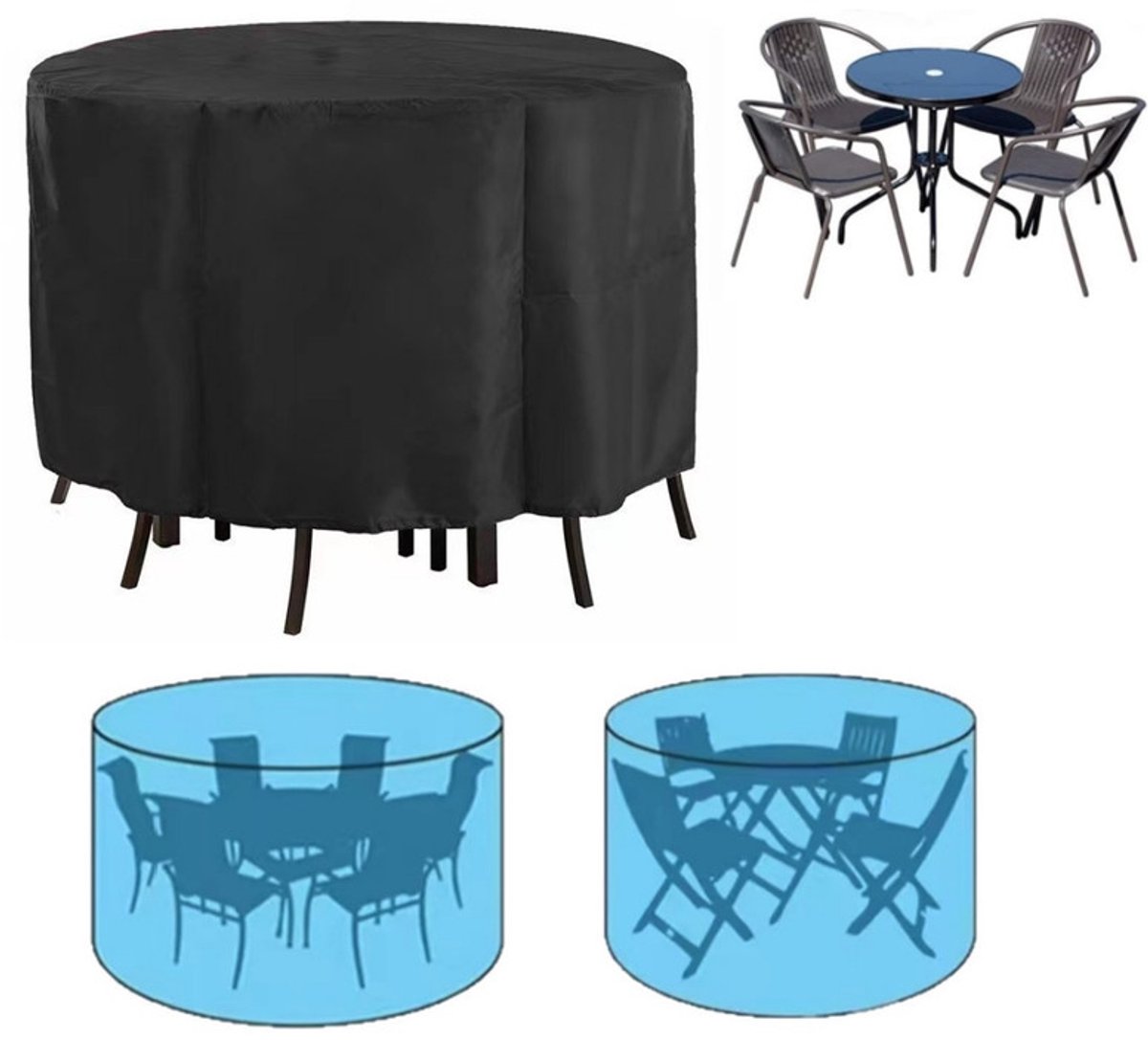 Beschermhoes voor terrasmeubilair – Waterdichte ronde hoes voor terrastafel – Robuuste hoes voor buitentafel – Stofhoes voor tafel en stoelen voor buiten – Waterdichte ronde tafelhoes voor terras, tuin en balkon – 128x71 cm