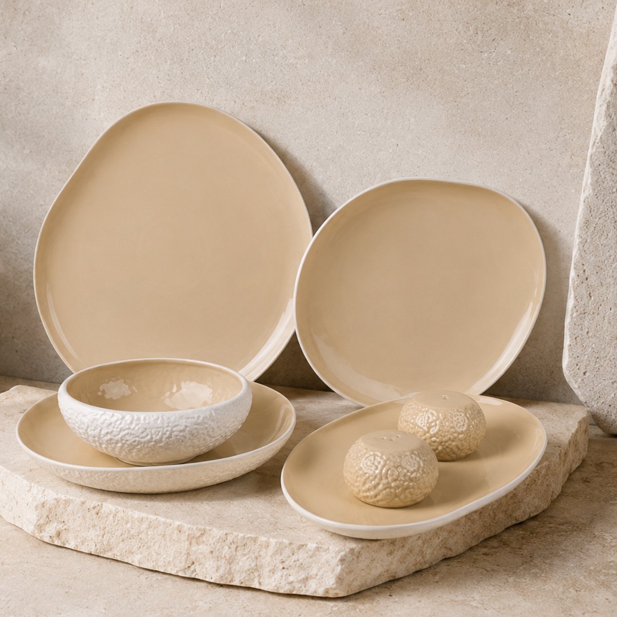 OZ Home Bricard Barles Stone Serviesset 27-delig – Porseleinen Servies voor 6 Personen – Wit/Taupe – Bordenset met Ovale Serveerschaal & Zout- en Peperstel – Vaatwasser-, Magnetron- & Ovenbestendig