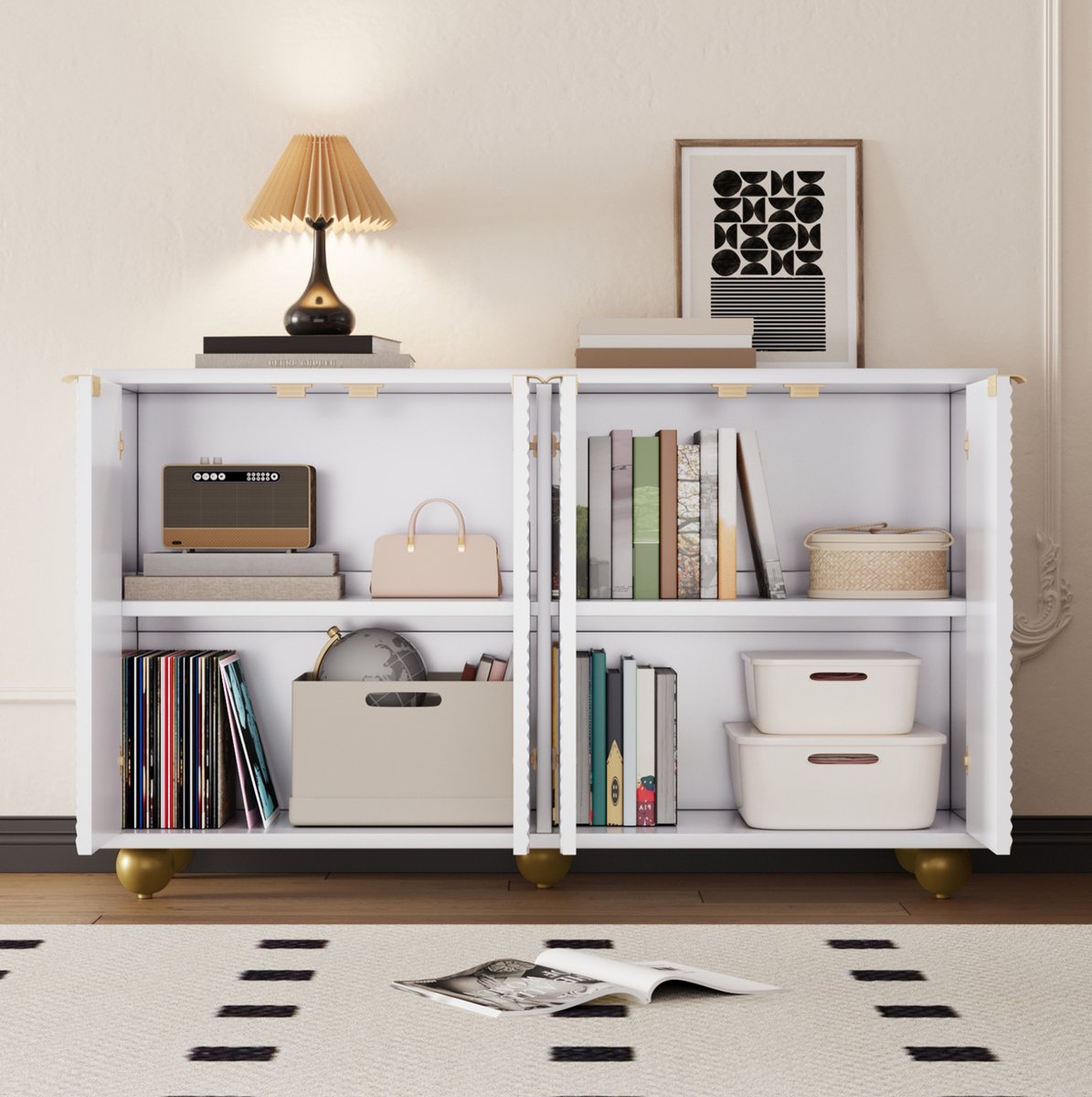 STILVORA Dressoir - Gegraveerde Vierdeurs Opbergkast Met Verstelbare Planken - Voor Woonkamer Eetkamer En Hal - MDF - 120x35x71,5 Cm - Wit