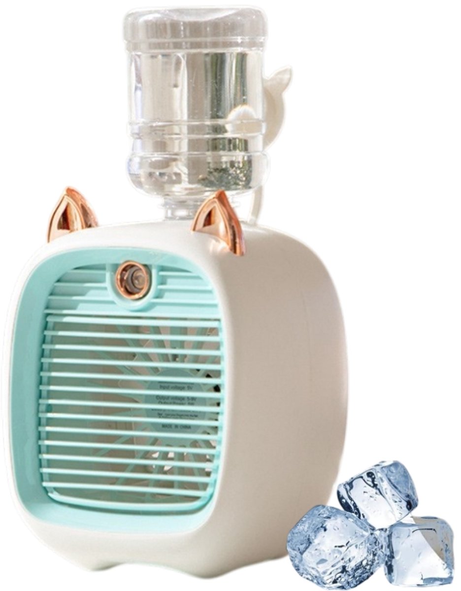 Miniventilator - Vernevelingsventilator - USB-ventilator - Bureauventilator - 3 windsnelheden - 2-in-1 airconditioner, ventilator en luchtbevochtiger - Geschikt voor thuis, kantoor en school - blauw - 12*12*23 cm