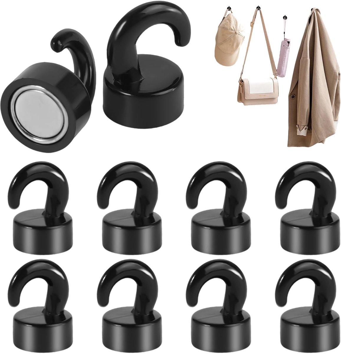 longziming -10 Stuks Zwarte Neodymium Magneethaken – Extra Sterke Magnet Haken tot – Magnetische Ophanghaken voor Keuken, Koelkast, Kantoor en Werkplaats