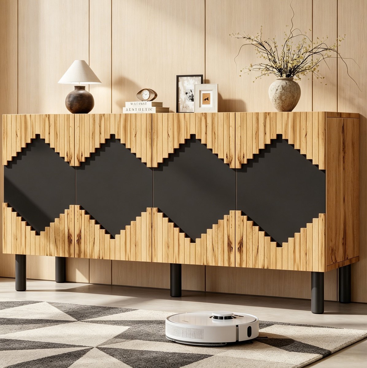 HAUSS SPOLE Dressoir - Drukopenende Opbergkast Met Reliëfpatroon - Voor Woonkamer Hal En Eetkamer - MDF En Spaanplaat - 140x40x70 Cm - Naturel Zwart