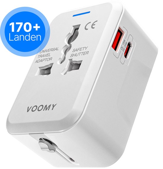 Voomy 20W Universele Wereldstekker - 170+ landen - USB-C Snellader & USB-A Poort - Reisstekker Wereld: Amerika (USA), Engeland (UK), Australië, Zuid Amerika, Afrika, Italië, Thailand - Wit