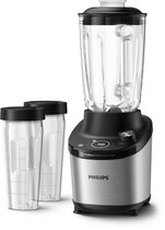 Philips blender met zilverkleurige basis, zwart bedieningspaneel met '1:00' display en twee glazen bekers.