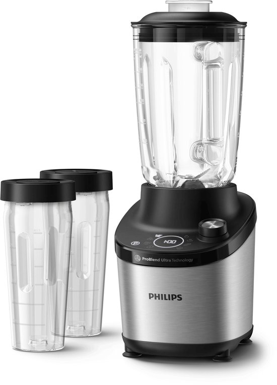 Philips blender met zilverkleurige basis, zwart bedieningspaneel met '1:00' display en twee glazen bekers.