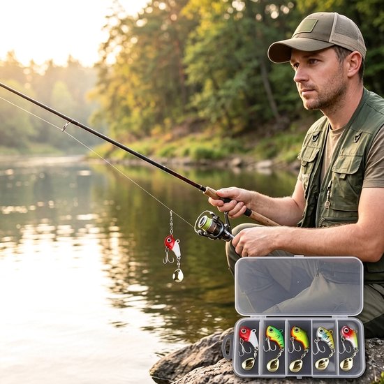 Set kunstaas voor baars - inclusief 5 spinners en een opbergdoos - geschikt voor snoekbaars en forel - rubberen visjes - geschikt voor zoet- en zoutwatervissen — afbeelding 5