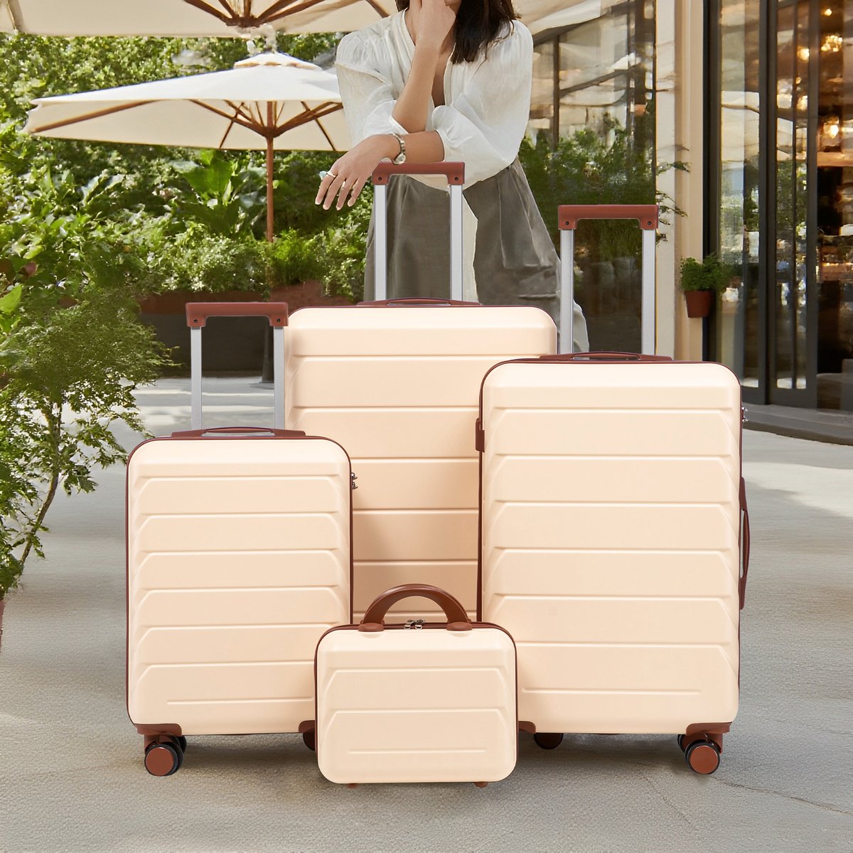 VVBV Kofferset 4 Delig 14/19/24/28 inch - ABS Hardcase, Beautycase, Zijhaken, Spinner Wielen, Cijferslot, Reisset, Beige
