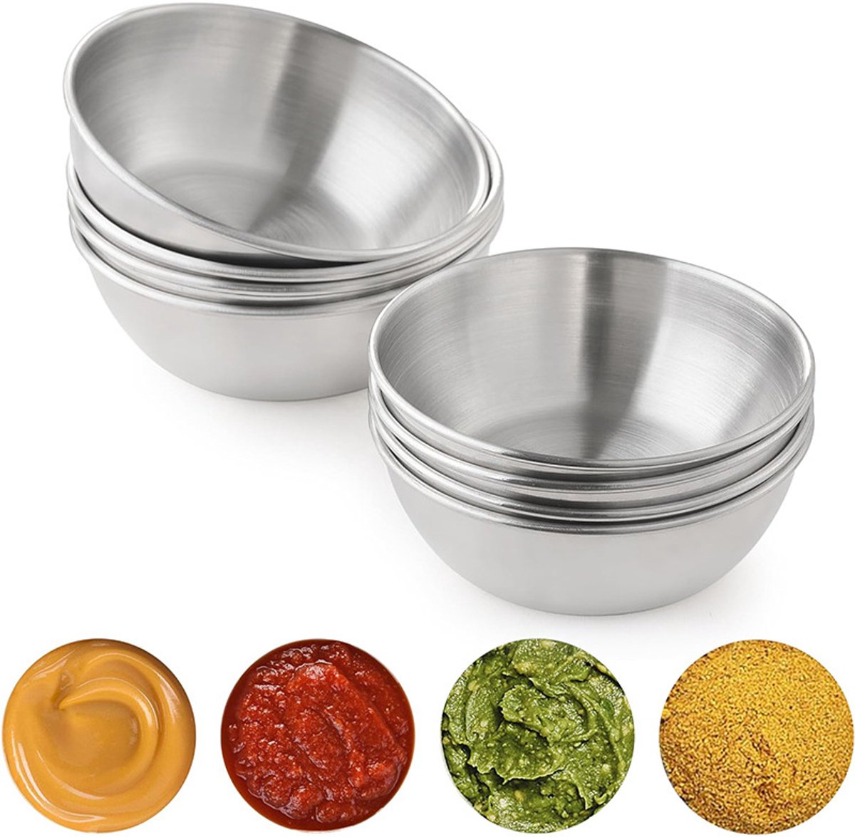 Dipschaaltjes RVS – Kruidenkommetjes – Voor Sauzen, Tapas, Sushi & Desserts – Sausbakjes van Roestvrij Staal – Zilver – Ø 8,3 cm – 80-100 ml – Set van 8