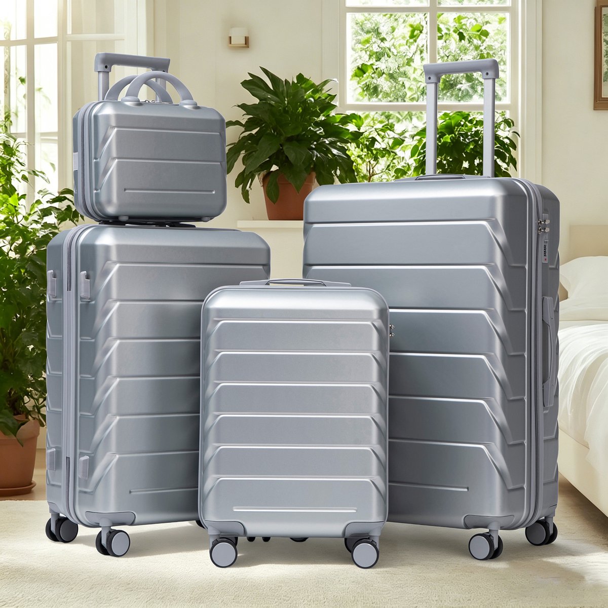 VVBV Kofferset 4 Delig 14/19/24/28 inch - ABS Hardcase, Beautycase, Zijhaken, Spinner Wielen, Cijferslot, Reisset, Zilver