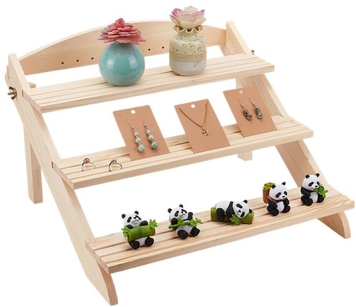 3-laags houten displaystandaard, 12-delige oorbellenhouder, afneembare onafgewerkte houten displaystandaard voor sieraden met groef voor het opbergen van sieraden, 43,2 x 38,8 x 24 cm