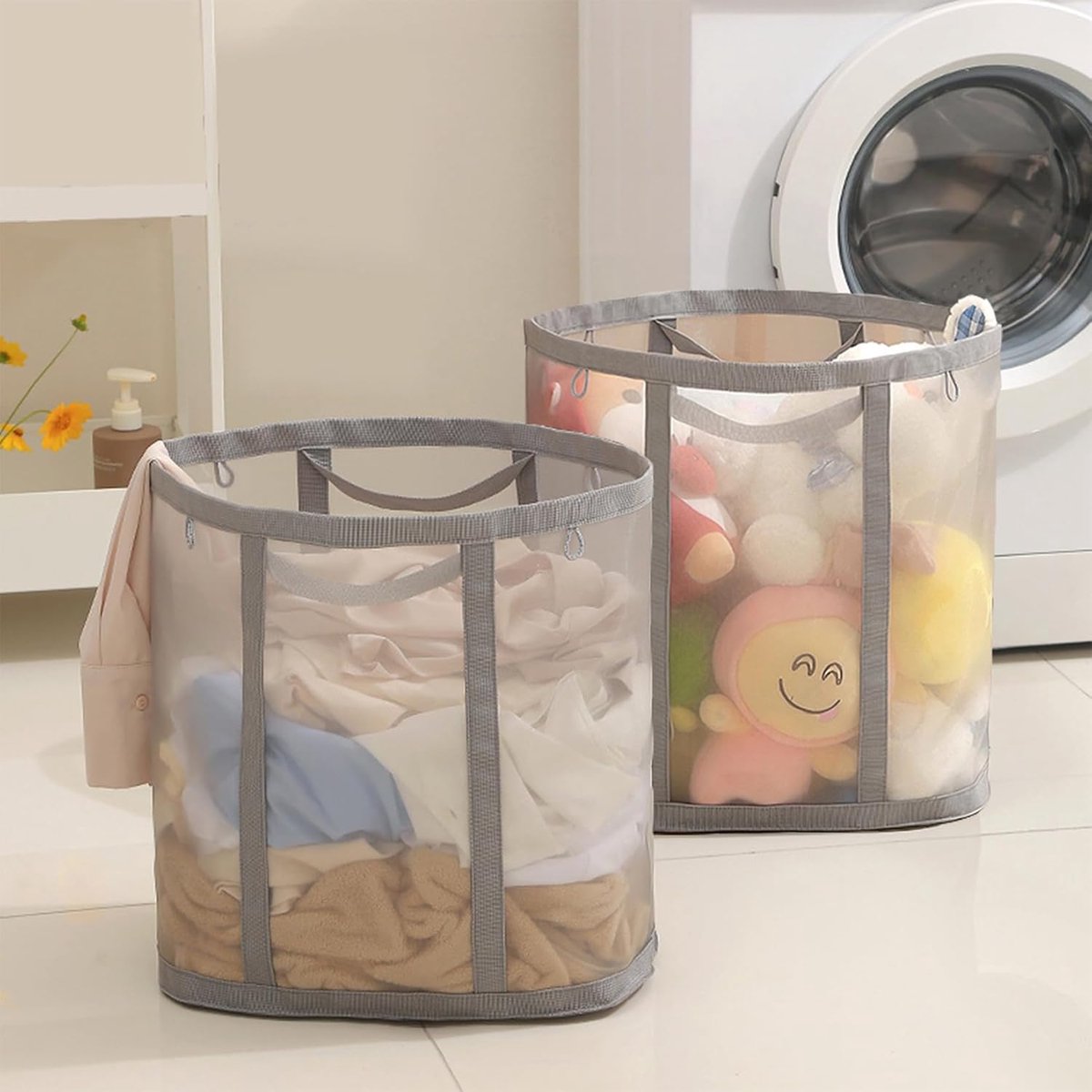 Wasmand - Opvouwbare wasmand - Grote wasmand -Wasmand met handvat - Grote Mesh Wasmand voor Kleding - Speelgoed en Opberging - Ademend Wasgoedmand voor Badkamer - Slaapkamer en Reis - Ruimtebesparend Design