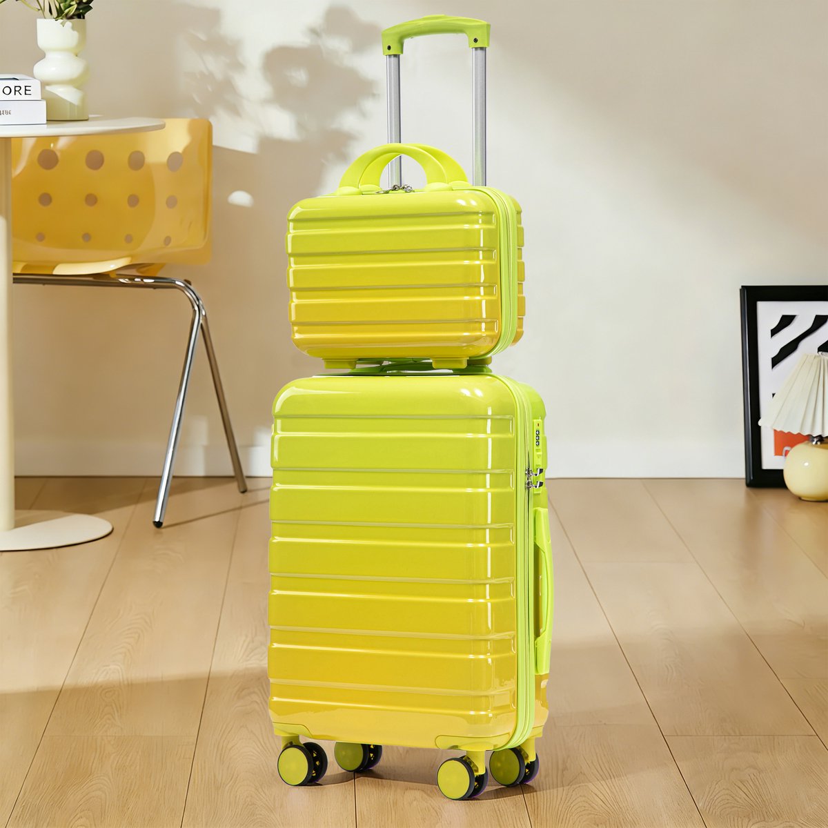 VVBV Kofferset 2 Delig 14/20 inch - PC Hardcase, Handbagage Koffer, Beautycase, Spinner Wielen, Cijferslot, Groen, Vakantie