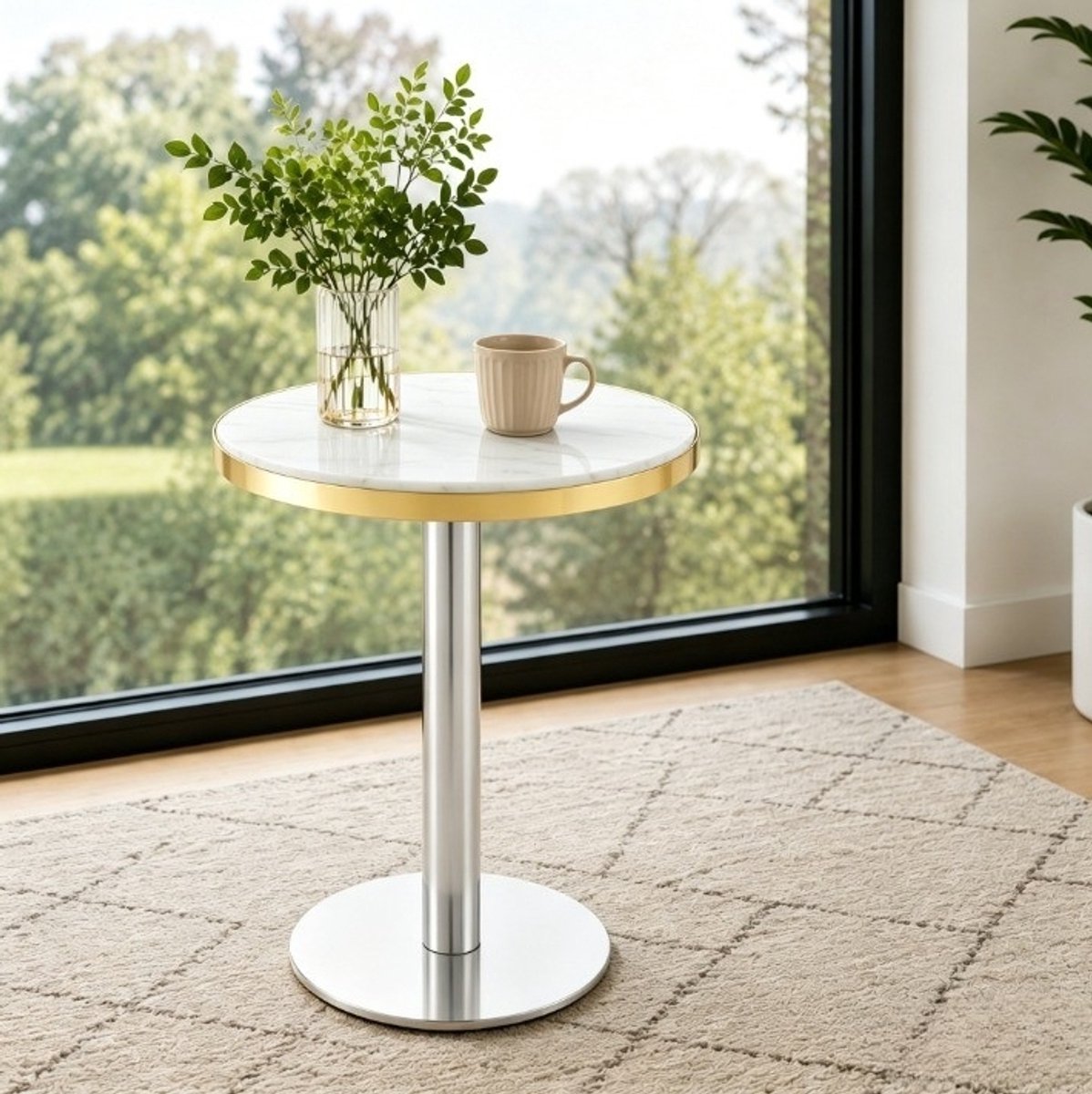 STILVORA Bijzettafel - Ronde Marmerlook Tafel Met Gouden Rand - Voor Woonkamer Slaapkamer En Balkon - MDF En Metaal - 60x60x73,7 Cm - Wit