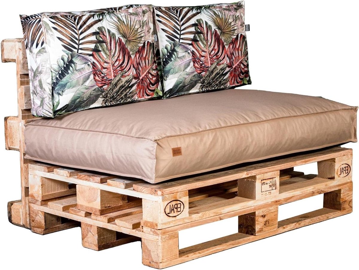 Tuinkussen Set - Pallet Kussens - Buiten Zitten - Waterafstotend Stof - 120x80 cm - Cappuccino Bloem